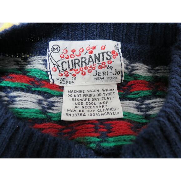 Vintage Currants by Jeri-Jo Button Floral Yoke Navy Blue Red Sweater Size Medium - Picture 5 of 5
